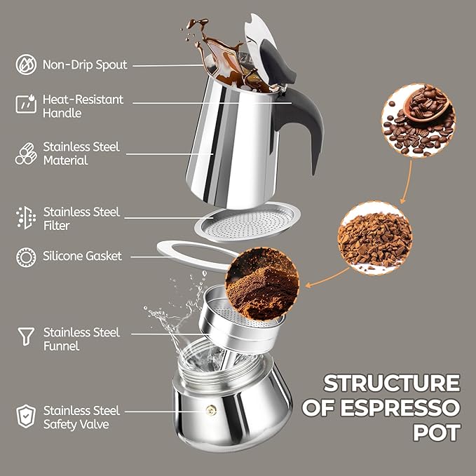 6 Cup 300ml Moka Pot Stainless Steel Espresso Coffee Maker Stovetop Percolator Coffeemaker Italian Classic Style Brewing Greca Cafe Mocha Machine for Cafeteras Lover Camping Travel and Home Use 10oz