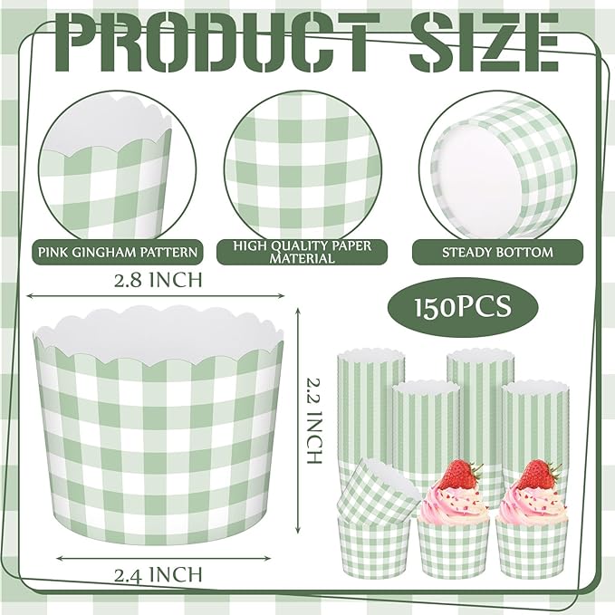 Vesici 150 Pcs Sage Green Gingham Ice Cream Cups 5oz Dessert Paper Bowls Gingham Scalloped Cupcake Cups Disposable Dessert Bowls for Food Sundae Frozen Yogurt Soup Party Supplies