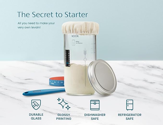Sourdough Starter Kit, by Kook, Sourdough Starter Jar, Sourdough Bread Baking Supplies, Date Marked Feeding Band, Metal Cap, Thermometer, Silicone Spatula Scraper, Cloth Cover, 24 oz