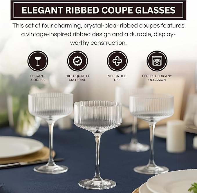 Vintage 4 Pcs Ribbed Coupe Glasses, 11 oz 100% Crystal Coupe Glass Set, Unique Martini Glass, Classic Cocktail Glassware, Bar Drinking Glasses Set Pefect for Cocktail, Wine, Champagne, Espresso Gift