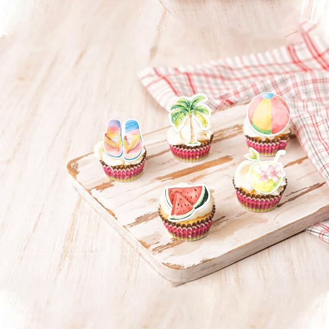 60 Pack Edible Summer Beach Theme Cake Topper Umbrella Chair Palm Tree Watermelon Coconut Cake Pick Hawaiian Beach Cupcake Decorations for Baby Shower Birthday Wedding Party Supplies