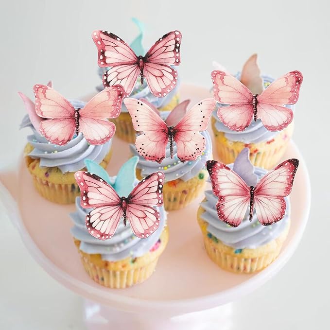Rsstarxi 60 Pack Edible Butterfly Cake Decorations, Wafer Paper Butterflies Cupcake Toppers for Wedding, Birthday, Anniversary, Baby Shower Party Decorating Supplies - Pink