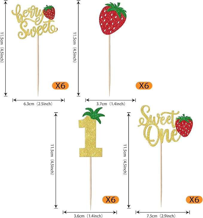 24 Pack Sweet One Cupcake Toppers Glitter First Birthday Strawberry Cupcake Picks for Fruit Baby Shower 1st Birthday Berry Sweet Cupcake Decorations Party Supplies Gold