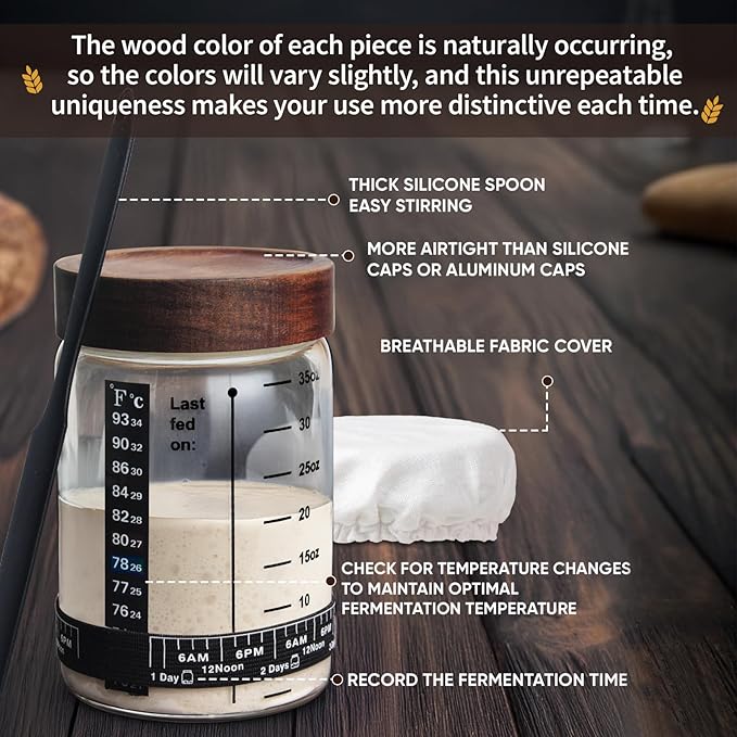 Sourdough Starter Jar, 35 oz Sourdough Starter Kit with Date Marker Feeding Band, Thermometer, Food-Grade Scraper, Cloth Cover and Acacia Wood Lid, Sourdough Bread Baking Supplies