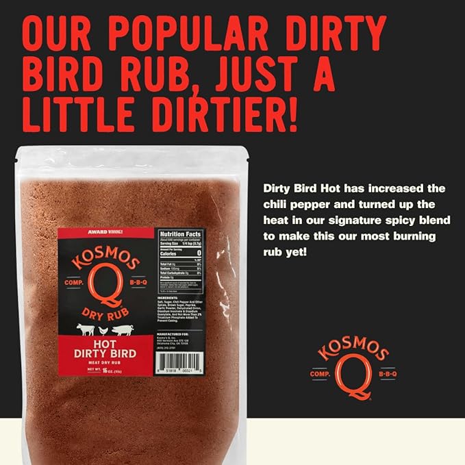 Kosmos Q Hot Dirty Bird BBQ Dry Rub, Spicy Seasoning with Chili Pepper, Brown Sugar, Garlic & Onion for Chicken, Turkey, Ribs, Pork, Dry Rub for Smoking & Grilling Meat, BBQ Spice Blend, 16 Oz Bag