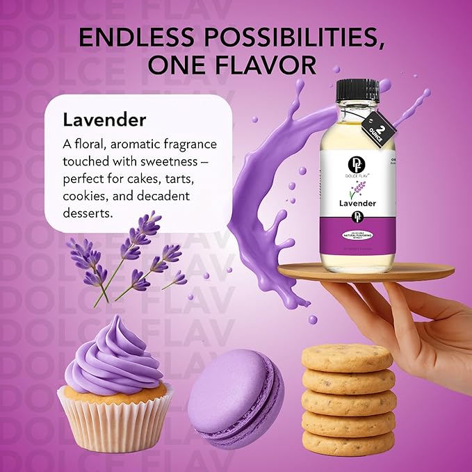 Dolce Flav Natural Lavender Extract ??2 Ounce Oil-Soluble Kosher, Sugar-Free, Concentrated Floral Lavender Flavoring for Baking, Chocolates & Desserts, Includes Measured Dropper