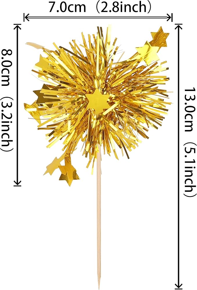 Rsstarxi 30 Pack Gold Firework Cupcake Toppers Birthday Cupcake Toppers Sparkle Tinsel Flower Drink Stirrers Cocktail Toothpicks for New Years Valentine's Day Party Cake Decorations