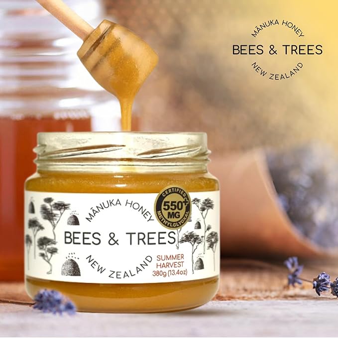 Bees & Trees Manuka Honey 550+ MGO – Pure New Zealand Raw Monofloral Honey – Unpasteurized & Natural – 380g (13.4oz) Glass Jar – Perfect for Coffee, Tea & Daily Wellness