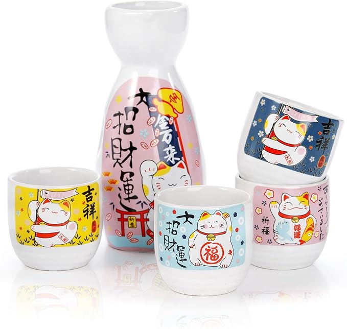 Goaste 5 Pieces Ceramic Japanese Sake Set, Durable Maneki Neko Sake Cups, Handmade Pottery Sake Glasses with 1 Bottle and 4 Cups in Cute Lucky Fortune Cat Pattern for Home Decoration, Gifting