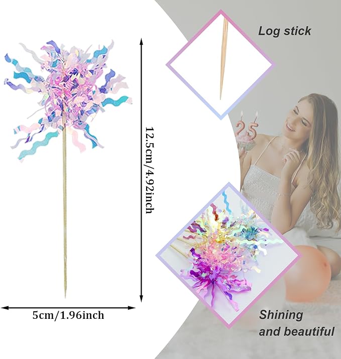 50 Pcs Foil Firework Cupcake Toppers, Glitter Sparkle Tinsel Frill Toothpicks for Cake Cocktail Food Fruit Decoration (Pink, Blue, Deep Purple, Yellow, White)