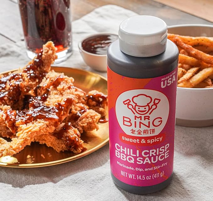 Mr. Bing Sweet & Spicy Chili Crisp BBQ Sauce, 14.5 oz, Marinade Dip and Stir-Fry Sauce, Made in USA. Gluten-Free, MSG Free (Pack of 1)