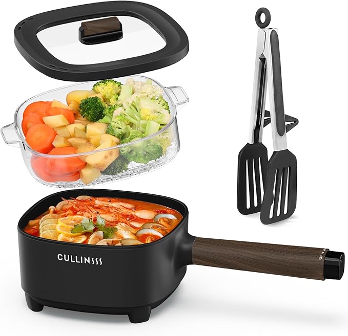 2L Hot Pot Electric with Steamer, Portable Electric Pot with Upgrade Honeycomb Nonstick Coating for Dorm, Office, Travel, Multi Cooker Pot for Ramen, Soup, Oatmeal (Tongs Included)