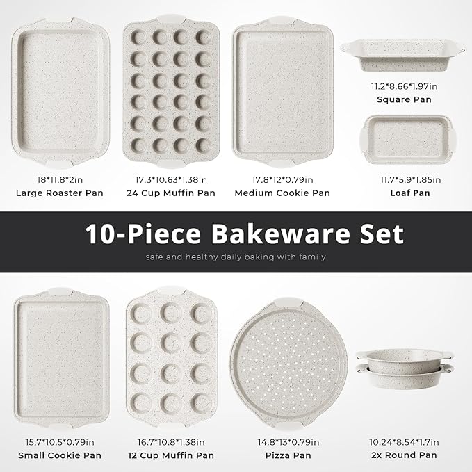 11-Piece Kitchen Nonstick Stackable Bakeware Set, Non Toxic Bakeware Sets with Silicone Handles, Includes Cookie Sheets, Cake Pan, Loaf Pan, Pizza Pan, Muffin Pan, White