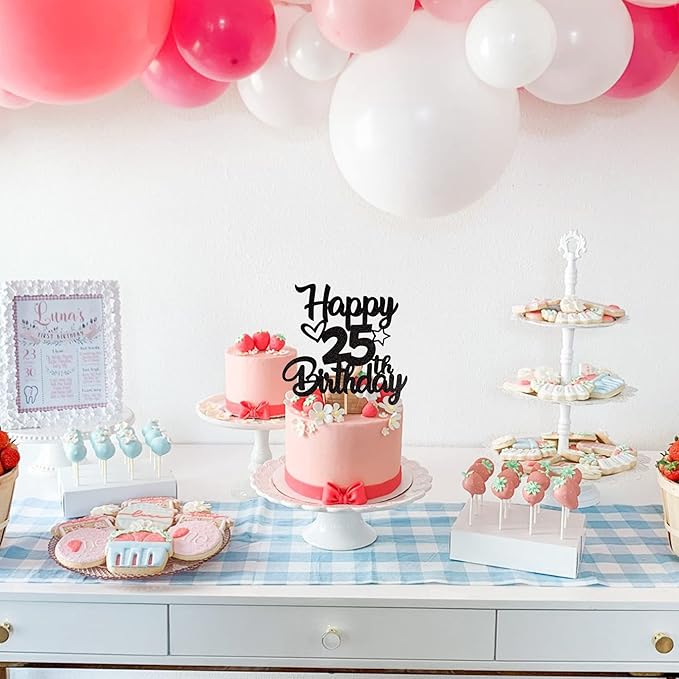 1 Pack Happy 25th Birthday Cake Topper Glitter Heart Star 25 Fabulous Cake Pick Birthday Sign Cake Decorations for Children 25th Birthday Theme Party Supplies Black