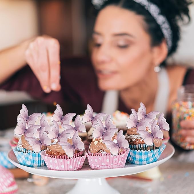 48PCS Edible Cupcake Toppers - Butterflies Cake Decoration - Edible Butterfly Cupcake Picks for Wedding, Bridal Shower, Baby Shower, Birthday Party - Purple