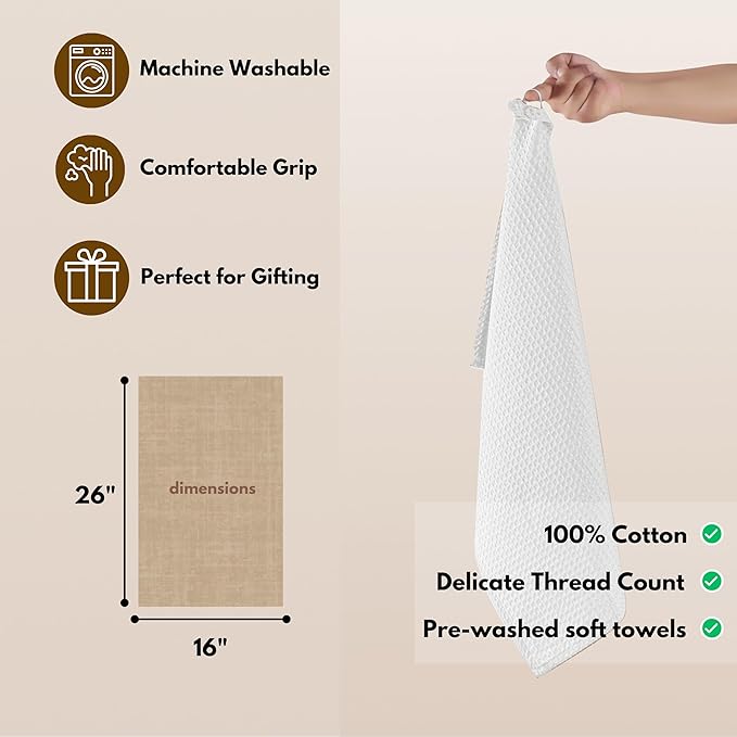 Native Fab Cotton Kitchen Towel with Hanging Loop 16x26 inches, 6-Pack, Waffle Weave Kitchen Towels for Cleaning Drying, Washcloths Soft & Absorbent Cloth Rags, Bar Towel, Dish Cloth, White