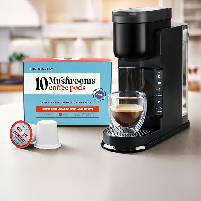 Shroomzup Mushroom Coffee K Cups 12 Pods - 10 Mushroom Coffee with Ashwagandha and Shilajit - Dark Roast Single Serve K-Cup Pods