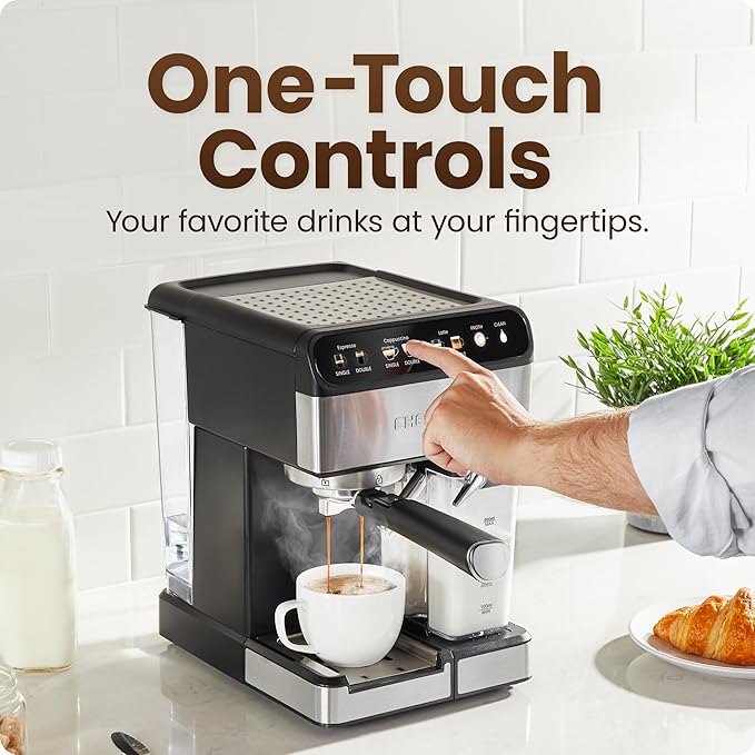 Chefman Caf챕Master Pro Espresso Machine, Brew Single or Double Shots, Coffee Maker with Built-In Milk Frother for Cappuccino & Latte, XL 1.8 Liter Removable Water Reservoir - Stainless Steel