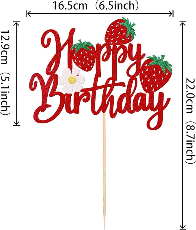 1 Pack Happy Birthday Cake Topper Glitter Strawberry Cake Pick for Fruit Theme Baby Shower Kids Birthday Party Strawberry Fruit Party Cake Decorations Supplies