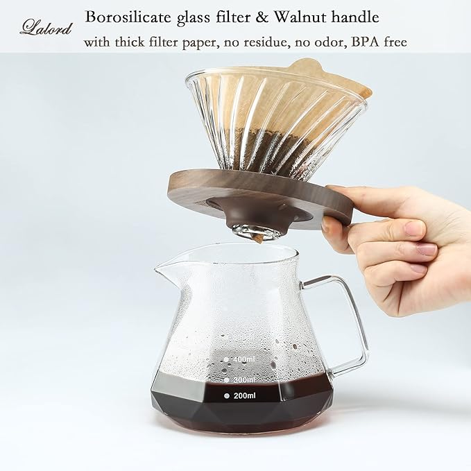 Pour Over Coffee Maker, 20 oz Borosilicate Glass Carafe with 100 pcs V60 Paper Filter by Gsform, Walnut Handle & Glass Lid, Drip Coffee Maker for Home Caf챕 Restaurant Camping, 600 ml, Clear