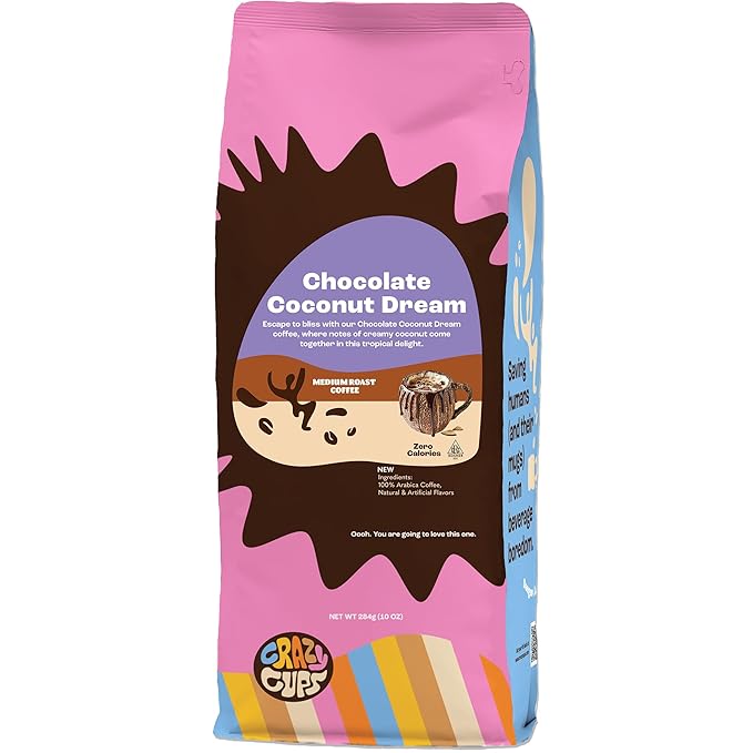Crazy Cups Flavored Chocolate Ground Coffee, Chocolate Coconut Dream Coffee in 10 oz Bag, For Brewing Hot or Iced