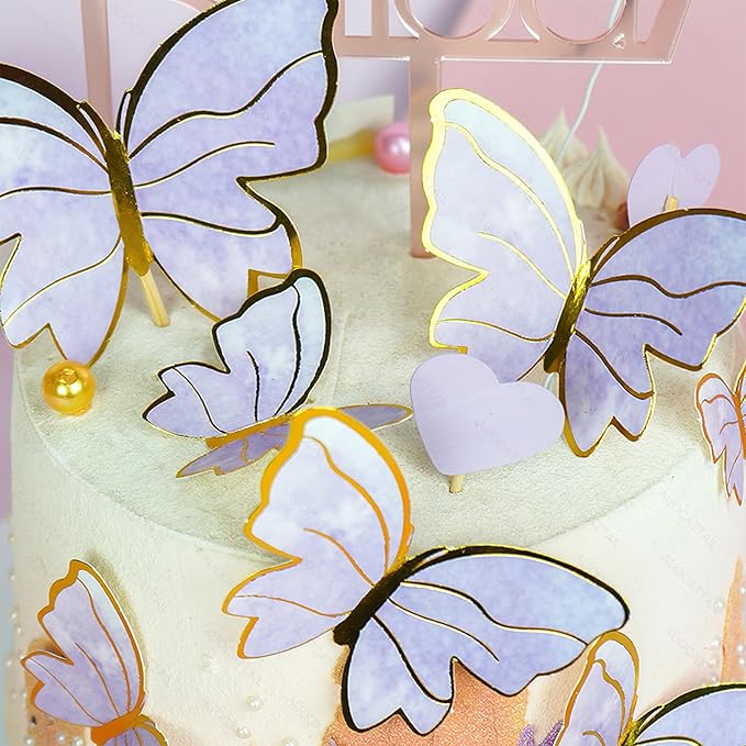 AUOCATTAIL 20 Pcs Butterfly Cake Topper 3D Pink & Purple Butterfly Cupcake Topper for Girls Women Happy Birthday Cake Wedding Party Food Decorations Supplies