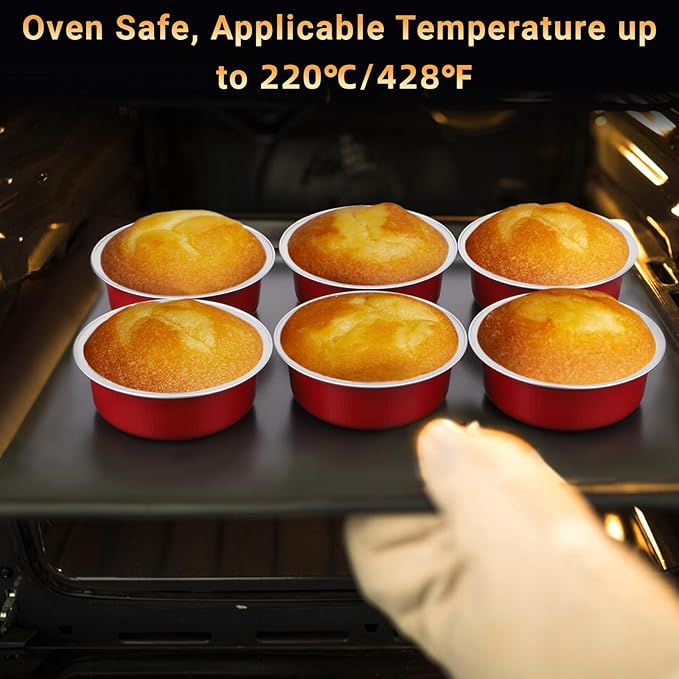 Beasea Disposable Baking Cups With Lids, 50 Pack 8.8oz 260ml Aluminum Foil Ramekins 4 Inch Round Baking Mini Cupcake Oven Cups for Party - Red