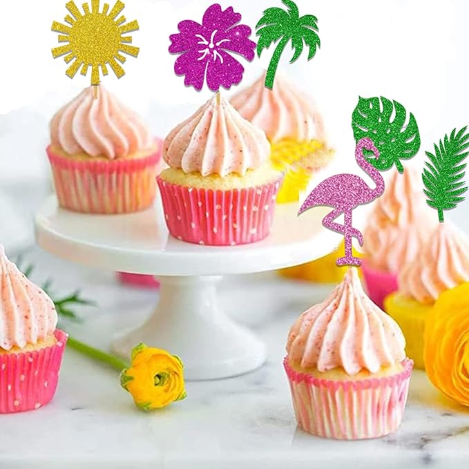 40PCS Tropical Cupcake Toppers Glitter Leaf Pineapple Flower Palm Tree Flamingo Cupcake Picks Aloha Cake Decorations for Summer Hawaiian Aloha Baby Shower Birthday Wedding Party Cake Supplies