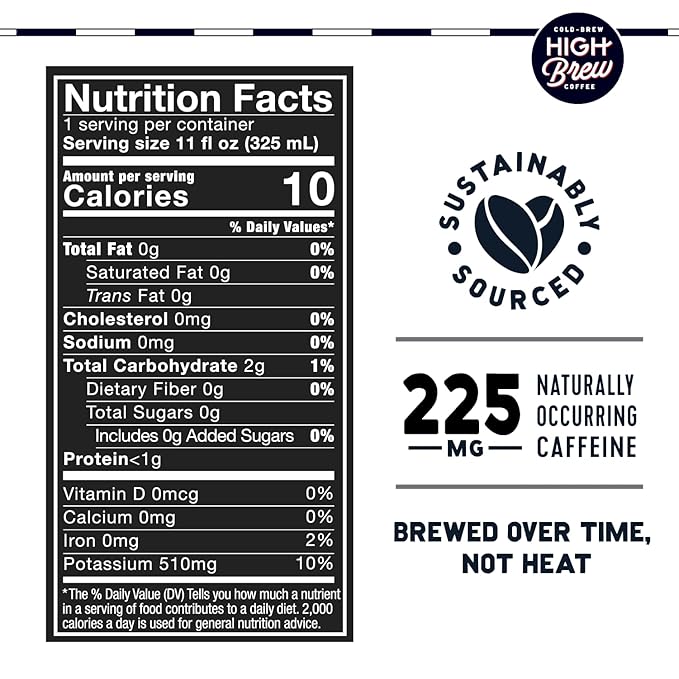 High Brew Coffee | Lightly Sweetened Cold Brew Iced Coffee with Pure Cane Sugar – 225 mg Natural Caffeine, Patiently Brewed, Never Heated. Low-Acid, Ready-to-Drink | 8 oz Can (Triple Shot Black)