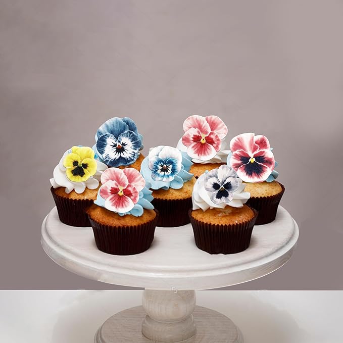 60 PCS Edible Flowers Cupcake Toppers Pansies Spring Edible Flowers Cake Decorations Bridal Shower Wafer Paper Flowers Cupcake Picks for Baby Shower Wedding Engagement Birthday Party Supplies