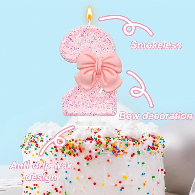 Pink Glitter Bow Cake Candles, 2 Pack, Smokeless, Eco-friendly, Decorative, Unscented, Indoor Use, Modern Style, Number Theme, Perfect for Birthdays