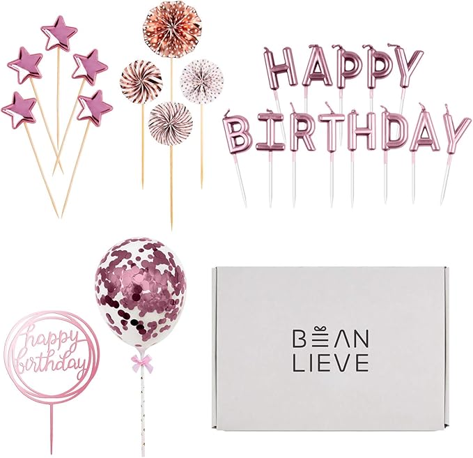 BEAN LIEVE Birthday Candles Set - Cake Topper Decoration with Cake Candles Confetti Balloon Stars and Fan Cupcake Toppers 12 Pieces Birthday Cake Decor for Birthday Party Celebration (Rose gold)