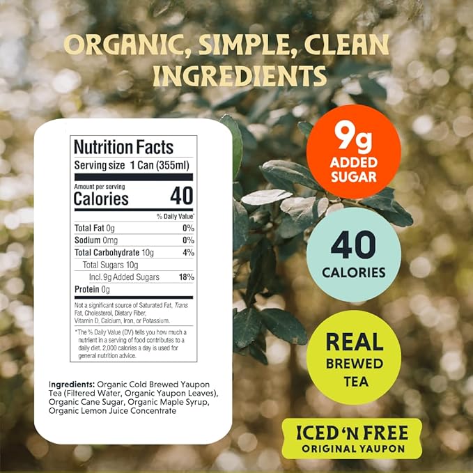 Freedom Fluid Organic Yaupon Iced Tea – Refreshing Lemon | Lightly Sweetened, Low Sugar, Low Calories, Real Brewed Tea, Clean Ingredients, Antioxidant Rich, Natural Caffeine, 12 Pack (12 oz cans)