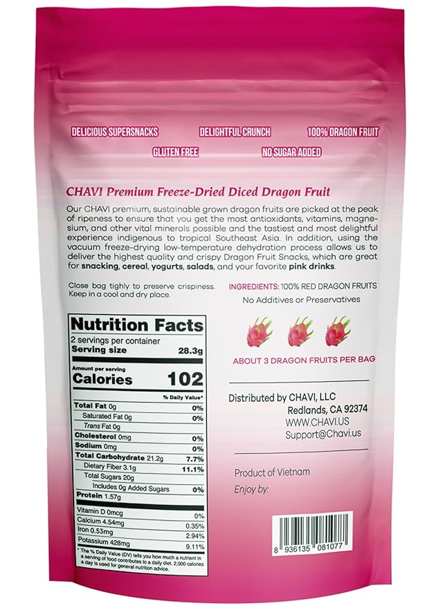 CHAVI Freeze-Dried Diced Dragon Fruit Snack | 12 oz | Pack of 6 x 2 oz - Healthy 1 Ingredient Superfood - No Added Sugars or Preservatives - Non-GMO, Vegan, Gluten-Free