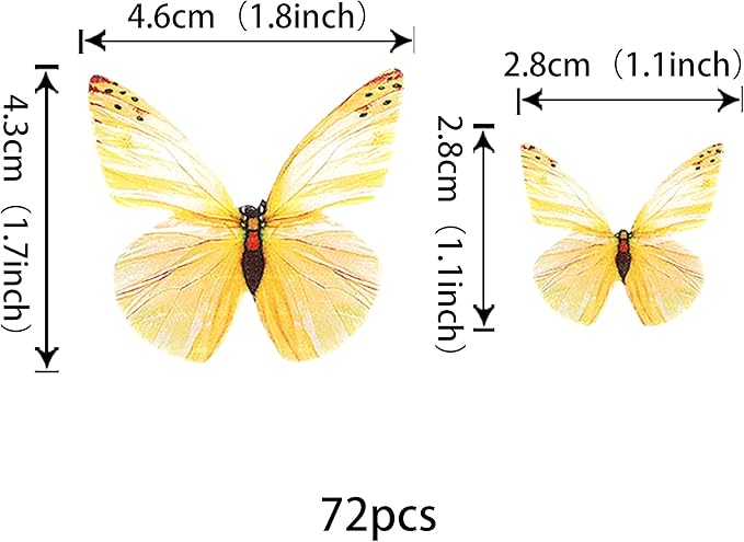 72PCS Edible Butterfly Cupcake Toppers Butterfly Cupcake Picks Edible Butterfly Cupcake Decorations for Butterfly Theme Baby Shower Kids Birthday Party Cake Decorations Supplies Yellow