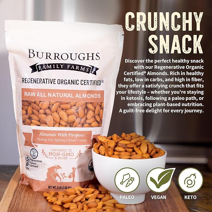 Burroughs Family Farms 3 lb USDA Organic Raw Almonds – First Regenerative Organic Certified Farm – Gluten-Free, Non-GMO, Vegan, Paleo & Keto-Friendly Almond Nuts – High in Protein & Nutrients Versus Other Nuts, Great for Almond Milk