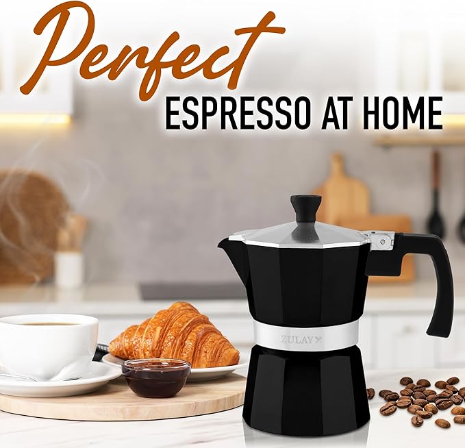 Zulay Moka Pot Espresso Stovetop Coffee Maker - Leak-Proof, Stainless Steel, Easy to Clean, Heat Resistant Handle & Knob - for Authentic Cuban & Italian Style Espresso - Makes 3 Espresso Cups - Black