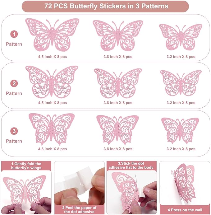 Crosize 72Pcs Pink 3D Butterfly Wall Decor - 3 Sizes, Party & Cake Decorations, Stickers & Decals for Girls, Kids, Baby Bedroom & Bathroom