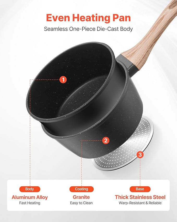 VEVOR 1.5 QT Saucepan, Nonstick Saucepan with Tempered Glass Lid, Multipurpose Cooking Sauce Pot with Detachable Handle, Sauce Pan Small Kitchen Cooking Pot with Coating, Induction Compatible, Black