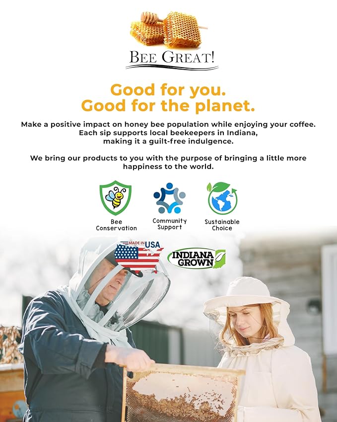 Bee Great Honey Coffee ??Medium Roast Ground Organic Arabica Beans Infused with Pure Honey ??Smooth, Not Too Sweet, No Artificial Sweeteners or Flavorings ??12oz Bag