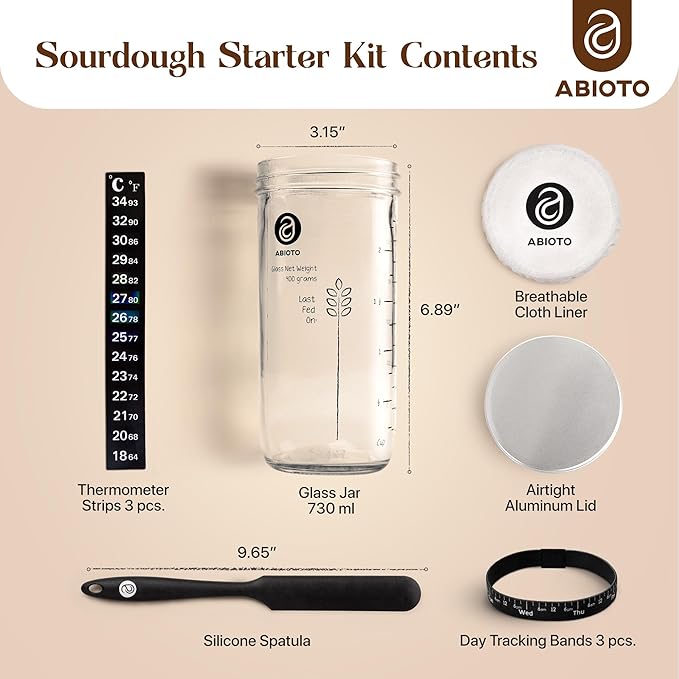 Sourdough Jar Kit, Includes 24 oz Sourdough Starter Jar with Metallic Lid, Silicone Spatula, Feeding Tracker, Extra Thermometer Strips & Breathable Covers ??Sourdough Bread Starter Kit