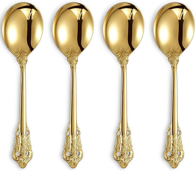 KEAWELL Gorgeous Round Soup Spoon, Set of 4, 18/10 Stainless Steel, Luxury Bouillon Spoon, Dishwasher Safe, Fine Mirror Polished (Gold)