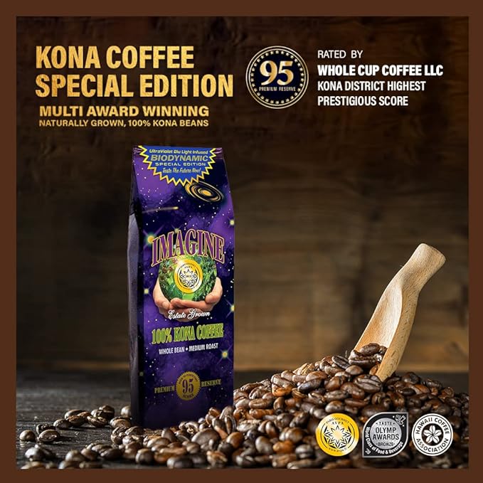 Imagine Kona UltraViolet Blu Light Infused Biodynamic Special Edition | Organic Whole Coffee Beans | Made From Premium Hawaiian Kona Beans | Top Grade Air Roasted | Medium Roast - 16 ounce