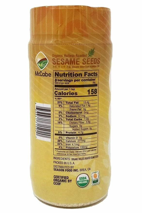 McCabe Organic Hulless Roasted Sesame - Unhulled Sesame Seeds Organic | Rich with Fiber & Minerals | USDA and CCOF Certified | Packed in USA | 8oz (Pack of 2)