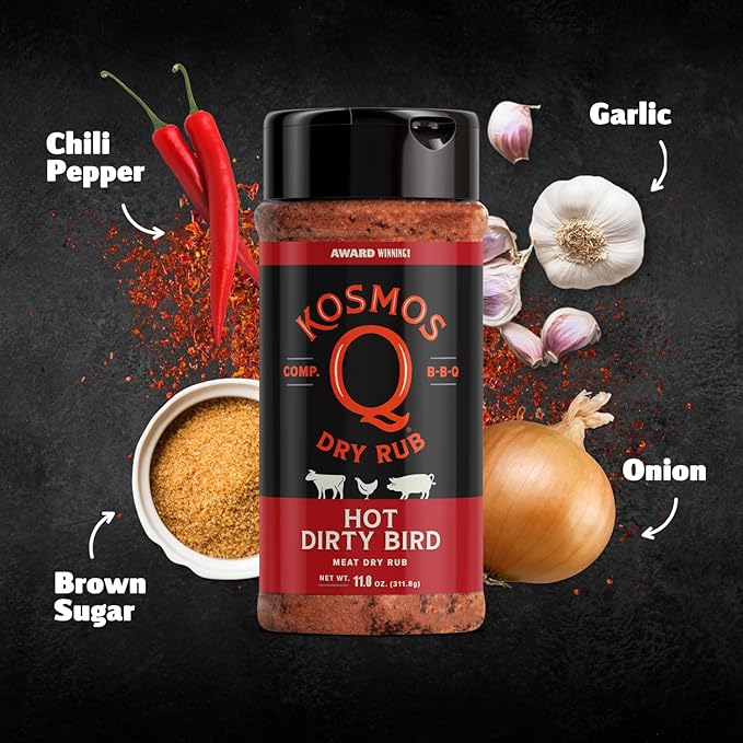 Kosmos Q Hot Dirty Bird BBQ Dry Rub, Spicy Seasoning with Chili Pepper, Brown Sugar, Garlic & Onion for Chicken, Turkey, Ribs, Pork, Dry Rub for Smoking & Grilling Meat, BBQ Spice Blend, 11 Oz Bottle