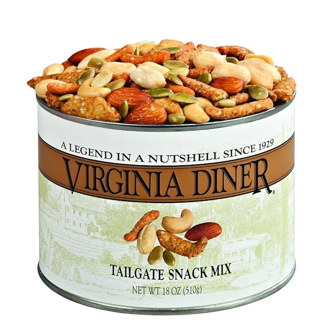 Virginia Diner Tailgate Snack Mix - Gourmet Snack Mix with Cashews, Sesame Sticks, Pepitas & Almonds - Virginia Peanuts Gift Pack Snacks for Adults - 18 Oz Tin