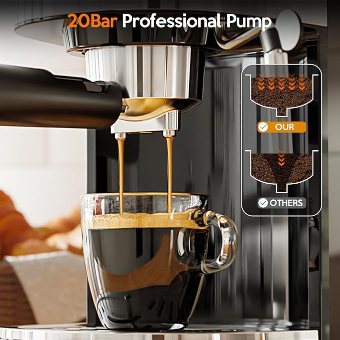 20 Bar Espresso Machine Semi-Automatic, Professional Coffee Maker with Milk Frother Steam Wand & 45OZ Removable Water Tank, Home Barista System for Cappuccino, Latte, Americano-Stainless Steel