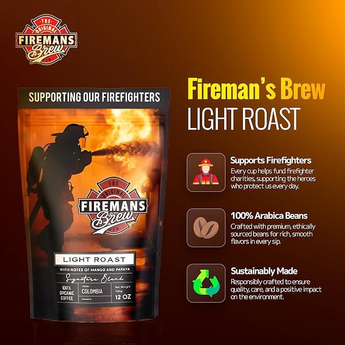 Firemans Brew Light Roast Coffee ??Bold & Robust Ground Coffee ??100% Arabica Beans, Rich, Full-Bodied Flavor ??Freshly Roasted Gourmet Coffee ??Low Acid, Small Batch Coffee ??Supports Firefighter Causes