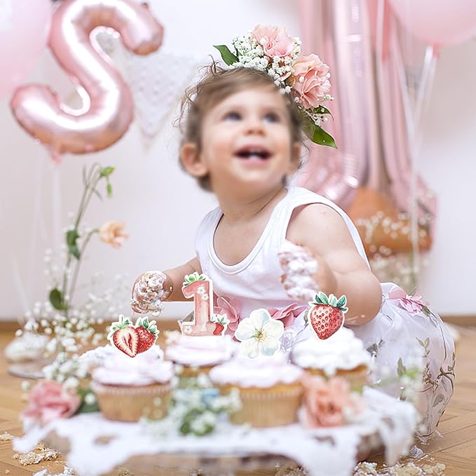 60 Pack Edible Sweet One Cupcake Toppers First Birthday Strawberry Flower Cake Toppers Rice Paper Wafer Paper Cake Picks for Fruit Baby Shower 1st Birthday Berry Sweet Kids Birthday Cake Decorations