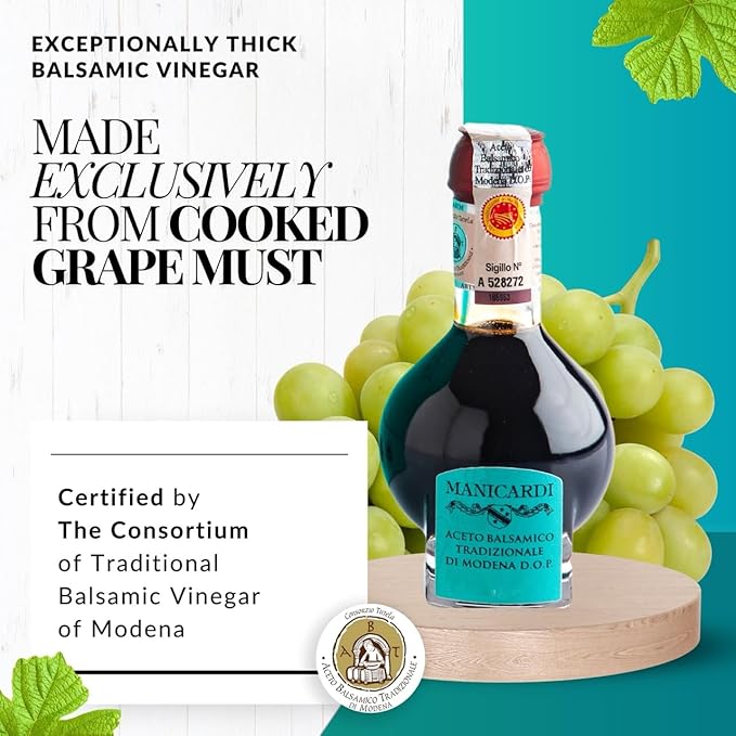 MANICARDI Traditional Balsamic Vinegar of Modena PDO Affinato Aged 12 Years - Aged Italian Vinegar Perfect for Snacks, Pasta, Vegetables, Salad Dressings, and Meat - Made in Italy, 3.38 Fl Oz (100 ml)